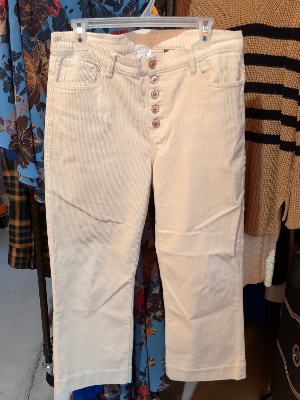 CAbi Cream Corduroy Ankle Button-Fly Jeans